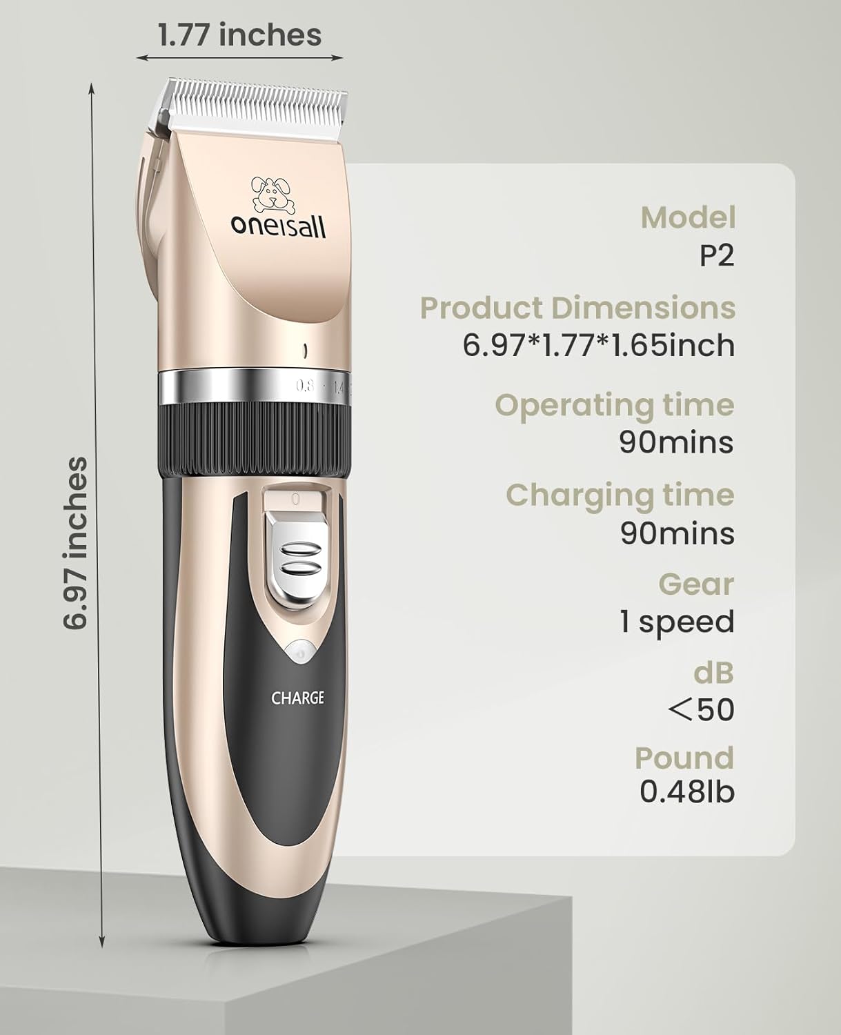 Oneisall Low-Noise Dog Clipper – Rechargeable Cordless Electric Grooming Kit for Dogs, Cats & Pets (Gold)
