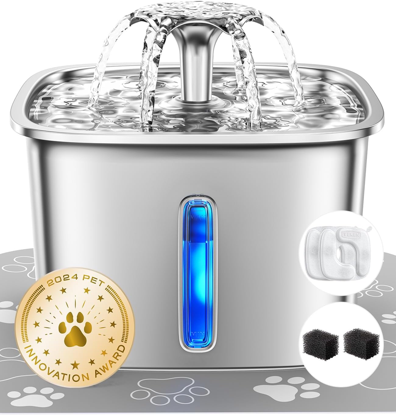Veken Stainless Steel Cat Water Fountain – 95oz/2.8L Automatic Pet Fountain with Filters & Mat (Silver)