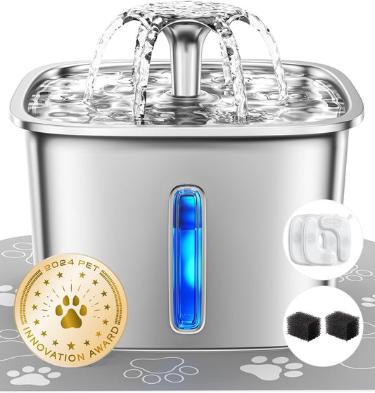 Veken Stainless Steel Cat Water Fountain – 95oz/2.8L Automatic Pet Fountain with Filters & Mat (Silver)
