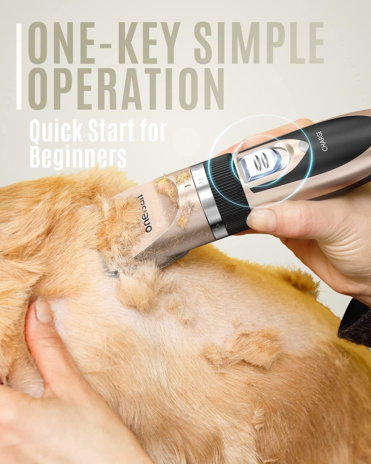 Oneisall Low-Noise Dog Clipper – Rechargeable Cordless Electric Grooming Kit for Dogs, Cats & Pets (Gold)