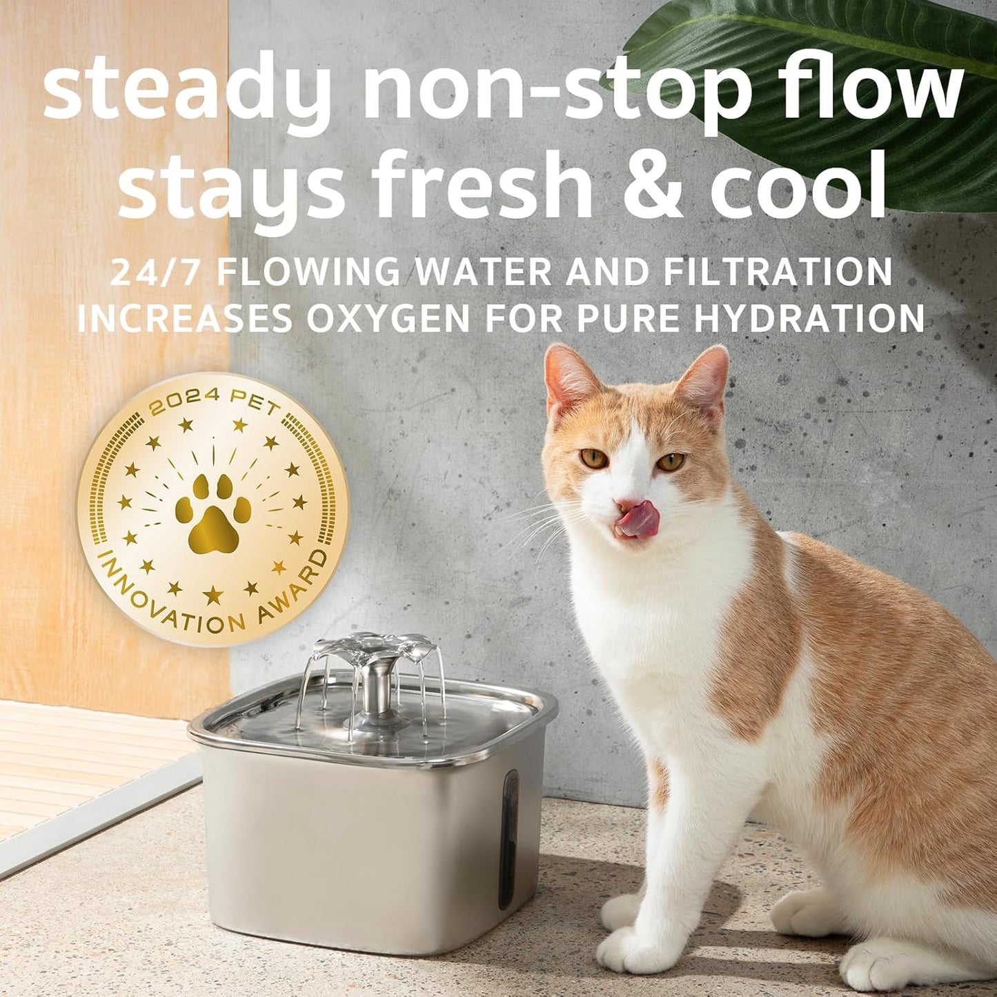 Veken Stainless Steel Cat Water Fountain – 95oz/2.8L Automatic Pet Fountain with Filters & Mat (Silver)