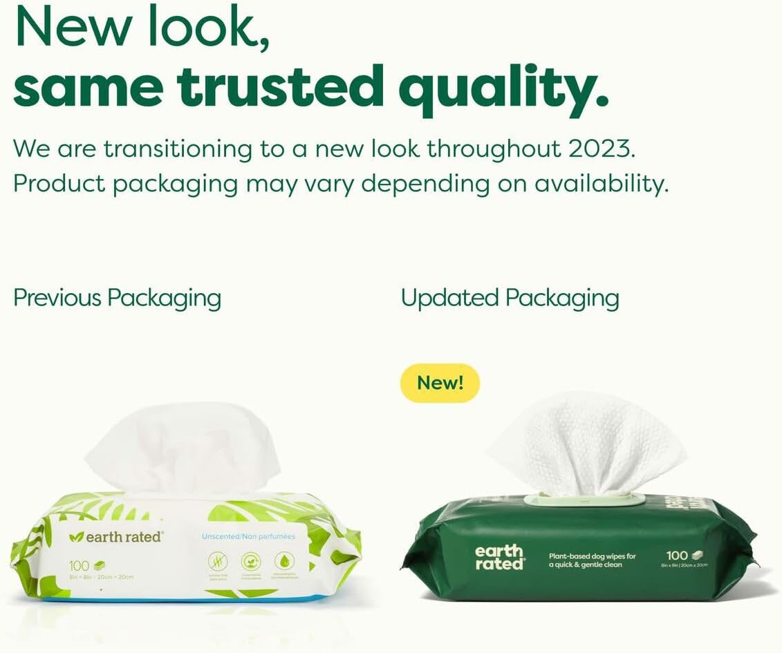 Earth Rated Pet Wipes – Unscented, Hypoallergenic Cleaning Wipes for Dogs & Cats, 100 Count