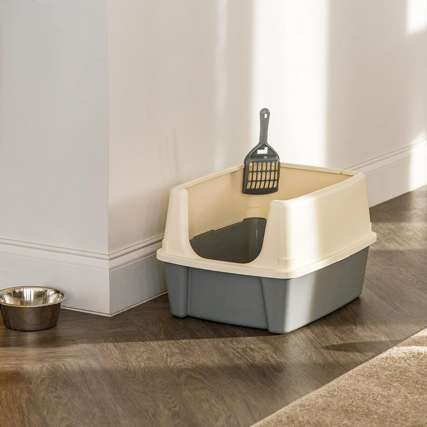 Basics Large Cat Litter Box – High Sides, Open Top with Scoop, 19 x 15 x 11.75 in (Grey/Beige)