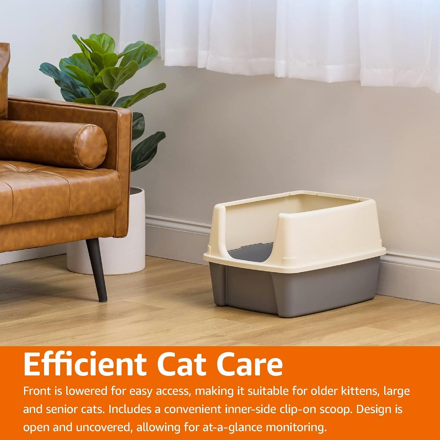 Basics Large Cat Litter Box – High Sides, Open Top with Scoop, 19 x 15 x 11.75 in (Grey/Beige)